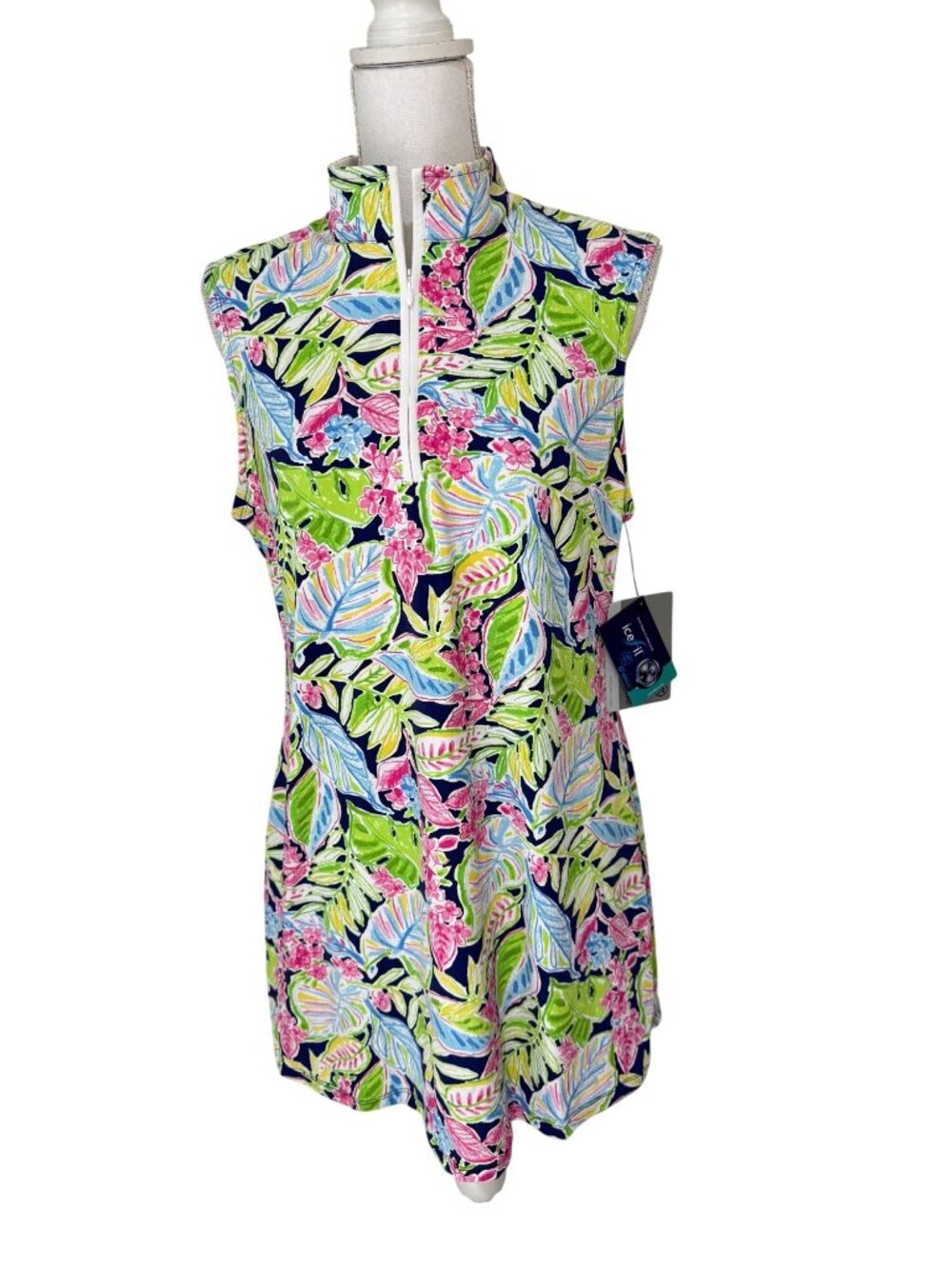 New IBKUL Size Large Multi Tropical Palm Sleeveless Mock Golf Dress UPF 50+